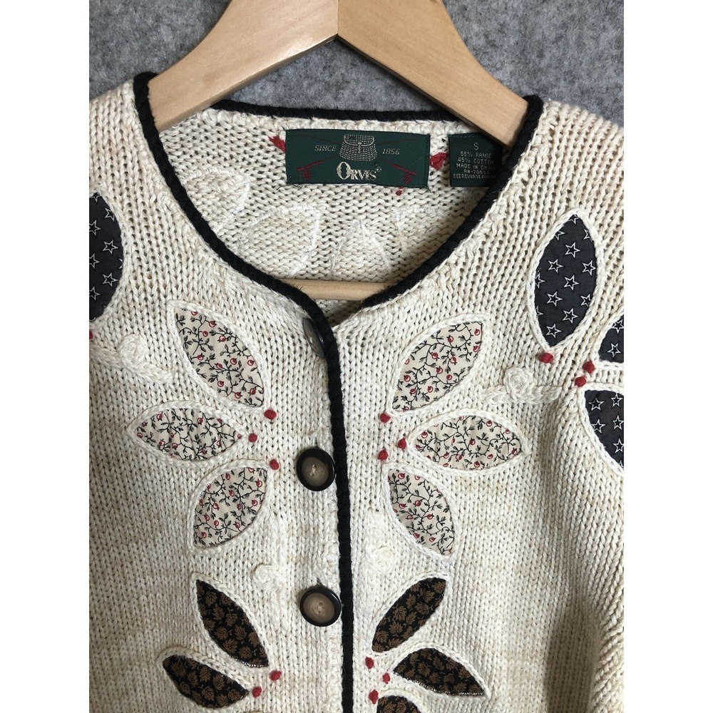 Vintage Orvis Sweater Womens Ivory Small‎ Cardigan Leaves Embroidery Classic